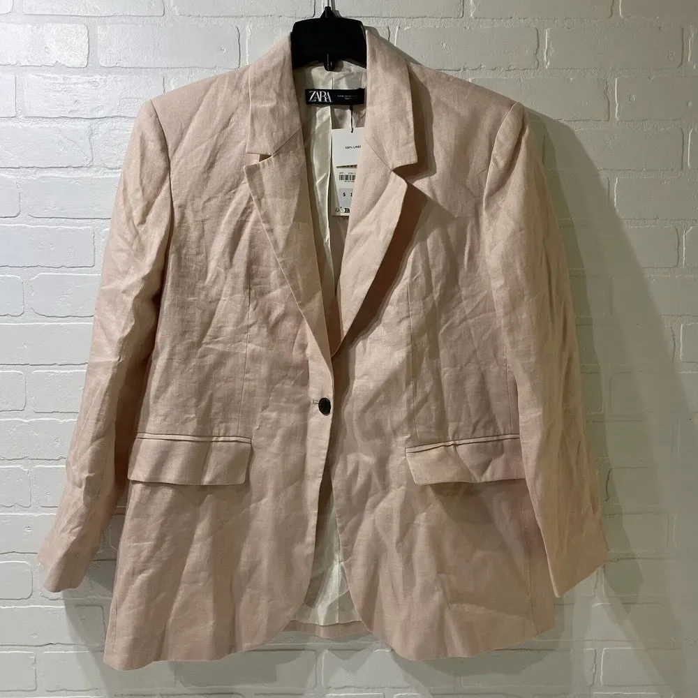 NEW - Zara Women's 100% LINEN STRAIGHT CUT BLAZER Jacket - Beige Pink - XL - Picture 2 of 7
